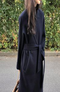 Women039s Wool Coat Long Dark Navy 2022 Autumn Winter Korean Blend Warm Jacket Loose Outerwear2145973