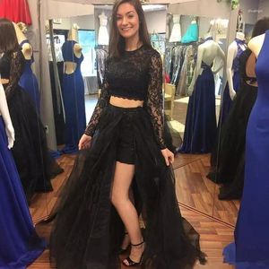 Abiti per feste sexy Black High Split Lace Tulle Prom Two pezzi Abito da sera a manica lunga