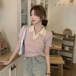 Women's Polos Womens Color Contrast Casual Knitted T-shirt Summer Temperature Flip Collar Short Slave Slimming Versatile Crop Top Y240527