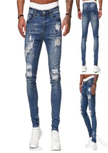 Streetwear knä rippade magra jeans för män hiphop mode förstörda hål byxor solid färg manlig stretch denim byxor 20237324598