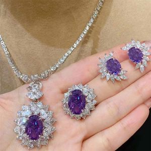 Luxury Lab Amethyst Diamond Jewelry set 925 Sterling Silver Engagement Wedding Rings Earrings Necklace For Women Promise Jewelry