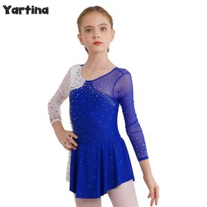 Dancewear Kids Girls Rhythm Gymnastics Ballet Ballerina Leotards Costumes Long Sleeve Shiny Rhinestone Artistic Figure Skating Dance Dress Y240524