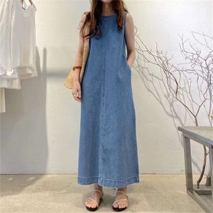 Frauen Tanks Camis Mode langen Rock runden Hals ärmellose Tasche Lose Langweste Jeansrobenkleid für Frauen