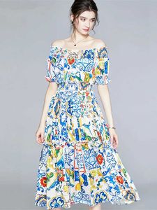 Sukienki z pasa startowego Summer Blue and White Ceramic Płytka wydrukowana Midi Sukienka damska damska szkiełko elastyczna talia sukienka pasa startowa D240527
