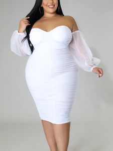 LW Plus Size Off The Shoulder Ruched Bodycon Dress Women Solid Elegant Split Mesh Hubble Bubble Sleeve Knee Length Party Dresses 240522