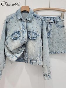 Arbetsklänningar utsökta strass denim kjolar sätter kvinnor 2024 höst mode långärmad baggy kappa kjol streetwear damer två stycken