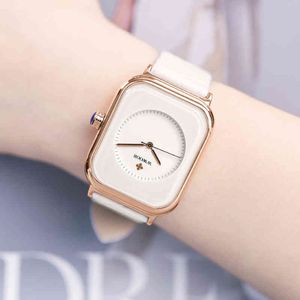 Mode kvinnor tittar 2021 nytt wwoor märke vitt läder rektangel minimalistisk titta på damer kvartsklänning armbandsur montre femme 286v