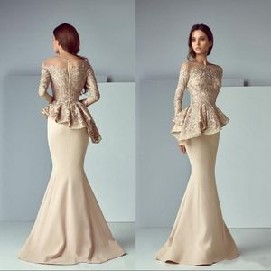 Champagne Mermaid Peplum Prom Dresses Jewel Neck Illusion Long Sleeves Lace Applique Zipper Back Party Evening Morther of Bride Gowns 242V
