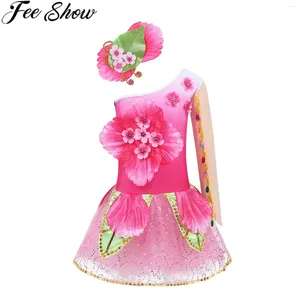 Clothing Sets FEESHOW Kids Girls Flower Dresses One Shoulder Long Sleeves Tutu Ice Figure Skating Dress Ballroom Salsa Rumba Dance Costume