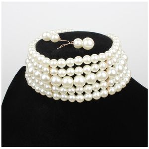 Mode flerskikts vit pärlchoker med metallskivfixering bred haklapp halsband smycken charm kvinnor fest bröllop halsband 2982