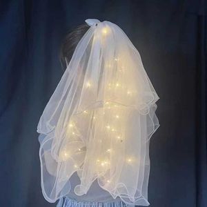 Led Rave Toy 1 piece of luminous wedding veil LED light bow pearl veil shining in the dark wedding birthday party role-playing hair accessories d240527