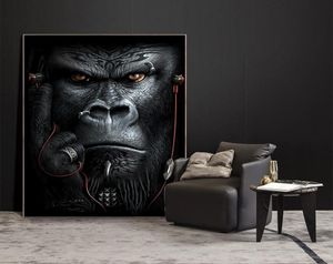 Scimmie scimmie Gorila che ascolta Music Animals Canvas dipinto di poster di arte da parete astratta Immagine