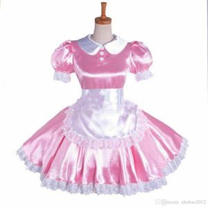 Pink Sissy Maid Satynowa sukienka Mundur Zamknięta cosplay 2701