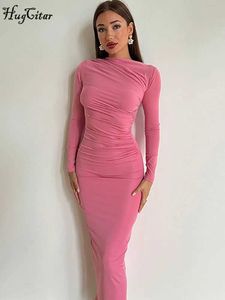 Grundläggande avslappnade klänningar Hugcitar Womens Elegant Solid O-Neck Long Sleeve Ruffled kant Sying Sexig Ultra Thin Long Dress Spring Dress Birthday Party Vacation J240527