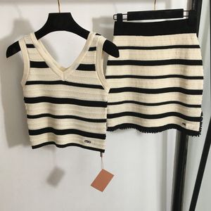 New miu women sexy knitted set, embroidered letter V-neck striped knitted vest with casual short skirt