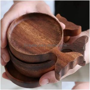 Dishes & Plates Creative Wooden Sauce Cartoon Fish Shaped Dip Bowl Natural Wood Seasoning Snack Appetizer Serving Tray Drop Delivery H Dhru4