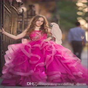 Ball Gown Flower Girls Dresses Spaghetti Straps Fuchsia Ruffles Backless Lace Appliques Floor-length Pageant Gowns 337k