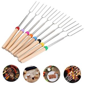Stainless Steel BBQ Tools Telescoping Hot Dog Roasting Sticks Outdoor BBQ telescopic barbecue forks 12 color U-shaped wooden handle baking fork T9I002651