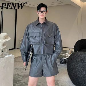 PFNW Mens Twopiece Suit Summer ThreeDimensional Pocket Shirt Set Lapel Long Sleeve Top Elastic Wasit Shorts 9C5463 240517