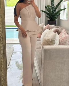 2 Piece Sets Women Outfit Sexy One Shoulder Ruched Top Casual Straight Leg Pants Suits for Female Spring Fashion 240527