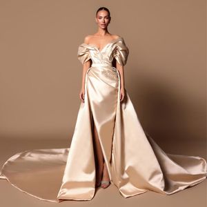 Champagne Beaded Evening Dresses With Detachable Train Side Split Prom Gowns Pleated Off The Shoulder Satin Formal Dress