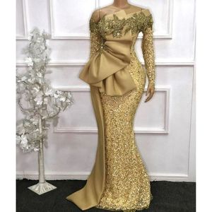 2023 Eleganckie afrykańskie sukienki na studniówkę długie rękawy koronkowe sukienki wieczorne syreny złota patrz przez pełne rękawy z koralikami szatą de soiree BC11139 G 266E