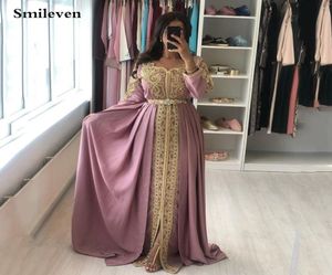 Smileven Pink Moroccan Kaftan Formal Evening Dresses Gold Lace Appliques Arabic Muslim Special Occasion Dresses Custom Made LJ20119266967