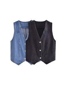 Nlzgmsj TRAF Summer Women Short Denim Blue Vest Fashionable Vneck Sleeveless Slim Womens Casual SingleBreasted Button 240527