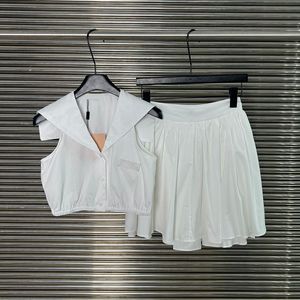 White Women Vest Pleated Skirt Set Luxury Designer Summer T Shirts Dress Outfits Sleeveless Young Lady Girl Tops Casual Daily Skirts Sets