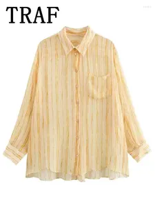 Женские блузки Tarf 2024 Желто -полосатая женская рубашка см. Прозрачная блузка