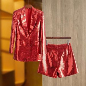 New Designer Spring Light Sequins Women Suit Solid Color Long Sleeve Pocket Deep V Neck Jacket Sexy Vintage Office Lady Shorts Suit Sets FZ2405272