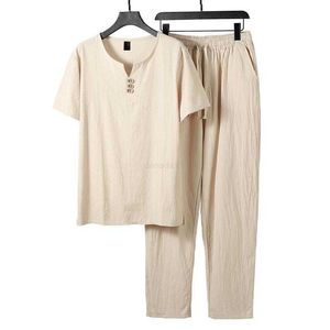 Herrspårar Mens Tracksuits 9xl Plus Size Clothing Vintage Tracksuit 2023 Summer Spring Home Suit Linen T Shirt Casual Man Set Chinese Style0vat