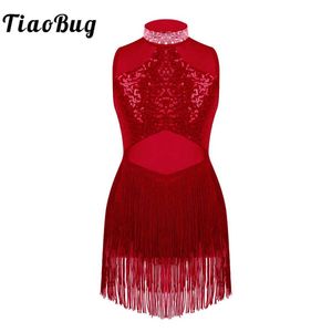 Dancewear Kids Girls Sequins Tassel Latin Dance Dress Shiny Rhinestone Fringed Skirts Ballet Jazz Leotards Bodysuit Dresses Dancewear Y240524