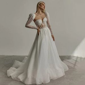 Fashion Sweetheart A-Line Wedding Dress 2024 Long Puff Sleeves Lace Beaded Sequins Sweep Train Bride Bridal Gowns Vestido De Novia Customed
