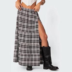 Skirts Gaono Women Y2K Plaid Tiered Maxi Low Waist Ruffle Midi High Slit A Line Flowy Long Vintage Streetwear