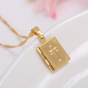 Bible 18k Yellow Gold GF Box Open Pendant Necklace Chains Crosses Jewelry Christianity Catholicism Crucifix Religious 198w
