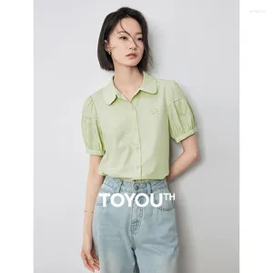 Frauenblusen Toyouth Women Revers Shirt 2024 Sommer Solid Color Vielseitiges Bubble -Ärmel Top