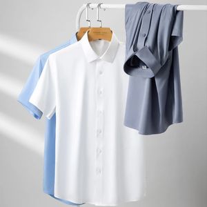 2023夏の半袖弾性高密度絹のような素材ソリッドビジネスマンドレスシャツなしポケットストレッチ服240527