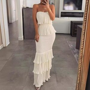 Lässige Kleider Mode Falten -Cascading Rüschen Frauen elegante Party sexy Tube schlanker Körpercon Langes Kleid Solid Color Lady