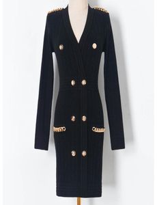 Sexy Women Milan Runway Dresses V Neck Long Sleeve Knitted Dress with Gold Chains Fashion Slim Knit Dress8206456