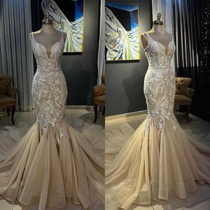 Classic Mermaid Wedding Dresses For Women Spaghetti Strap Sleeveless Bridal Gown Appliques Sweep Train Dress Custom Made vestidos de novia