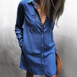 Повседневные платья модные женщины выключить воротник с длинным рукавом синее джинсовое платье дамы летние пуговицы джинсы.