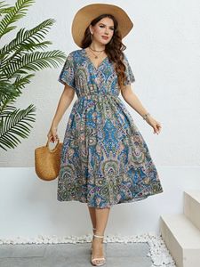 Eleganti eleganti casuali Vintage Boemian Valgo a V-Neck Abbigliamento Plus Size Summer Short Short Short Paisley Abiti lunghi stampati 240527 240527