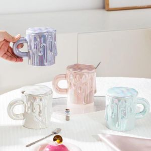 Mughes Ins in stile coreano tazza in ceramica bianca perla con cucchiaio per tè da tè al caffè colorato per la casa