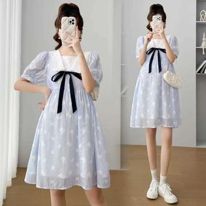Maternity Dresses Wholesale of oversized puff sleeves square neckline pregnant womens floral dresses bows high waisted sweet chiffon WX5.26G2ZQ