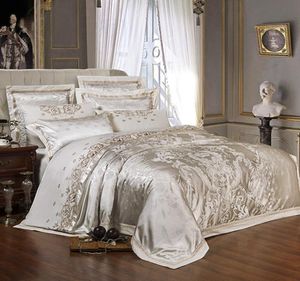 Sliver Gold Luxury Silk Satin Jacquard Duvet Cover Zestaw pościeli Queen King Size Hafdery zestaw łóżka Arkusz SETEK T20016324639