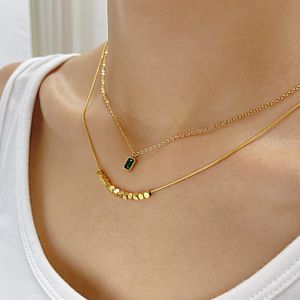 Fashionable and high-end emerald zircon stainless steel small square necklace double-layer clavicle chain