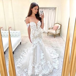 Romantic Flowers lace Mermaid Wedding Dresses Off Shoulder Glitter On Wedding Dress Elegant Lebanese Appliques Bridal Gowns