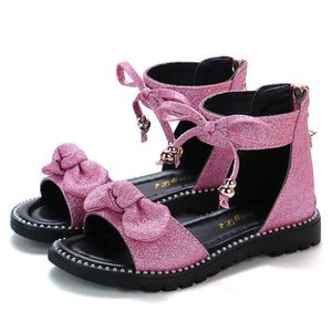 Sandaler Nya sommarflickor Fashion Bow -dragkedja Princess Shoes Childrens Party Flats D240527