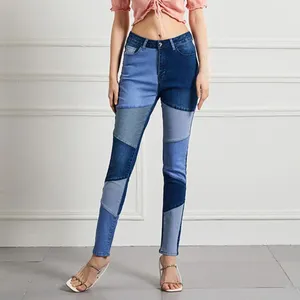 Kvinnors byxor färgblockerade kvinnor jeans casual denim byxor för färgblock lapptäcke smal passform hög midja pendling